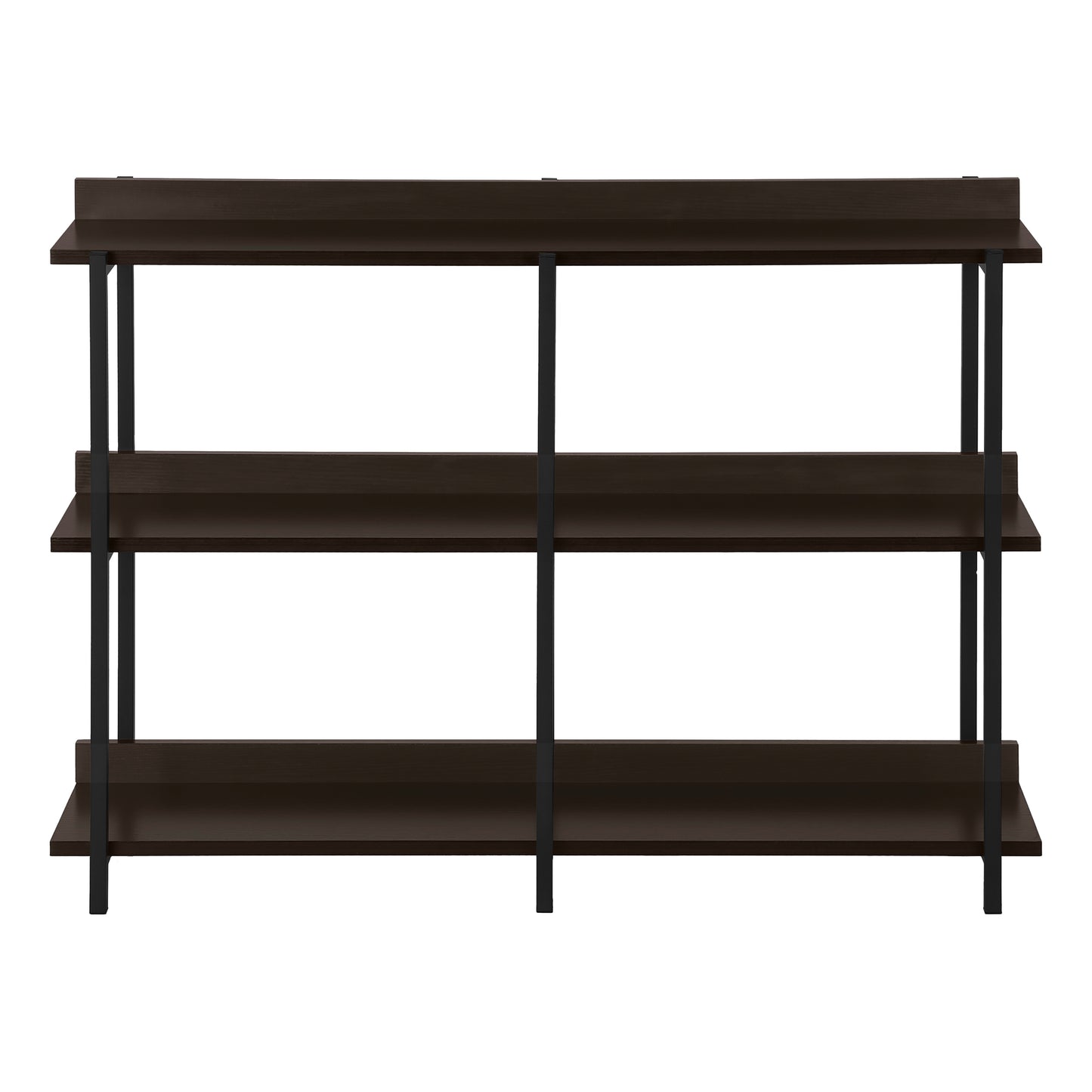 Dark wood threetier shelving unit with black metal frame perfect for stylish home storage