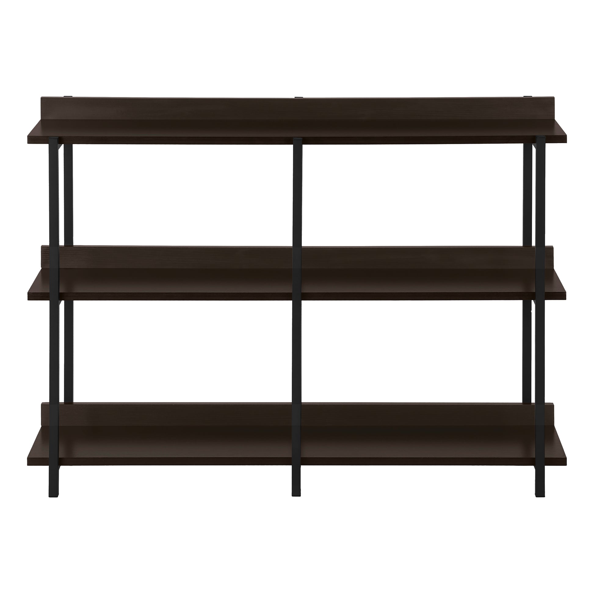 Dark wood threetier shelving unit with black metal frame perfect for stylish home storage