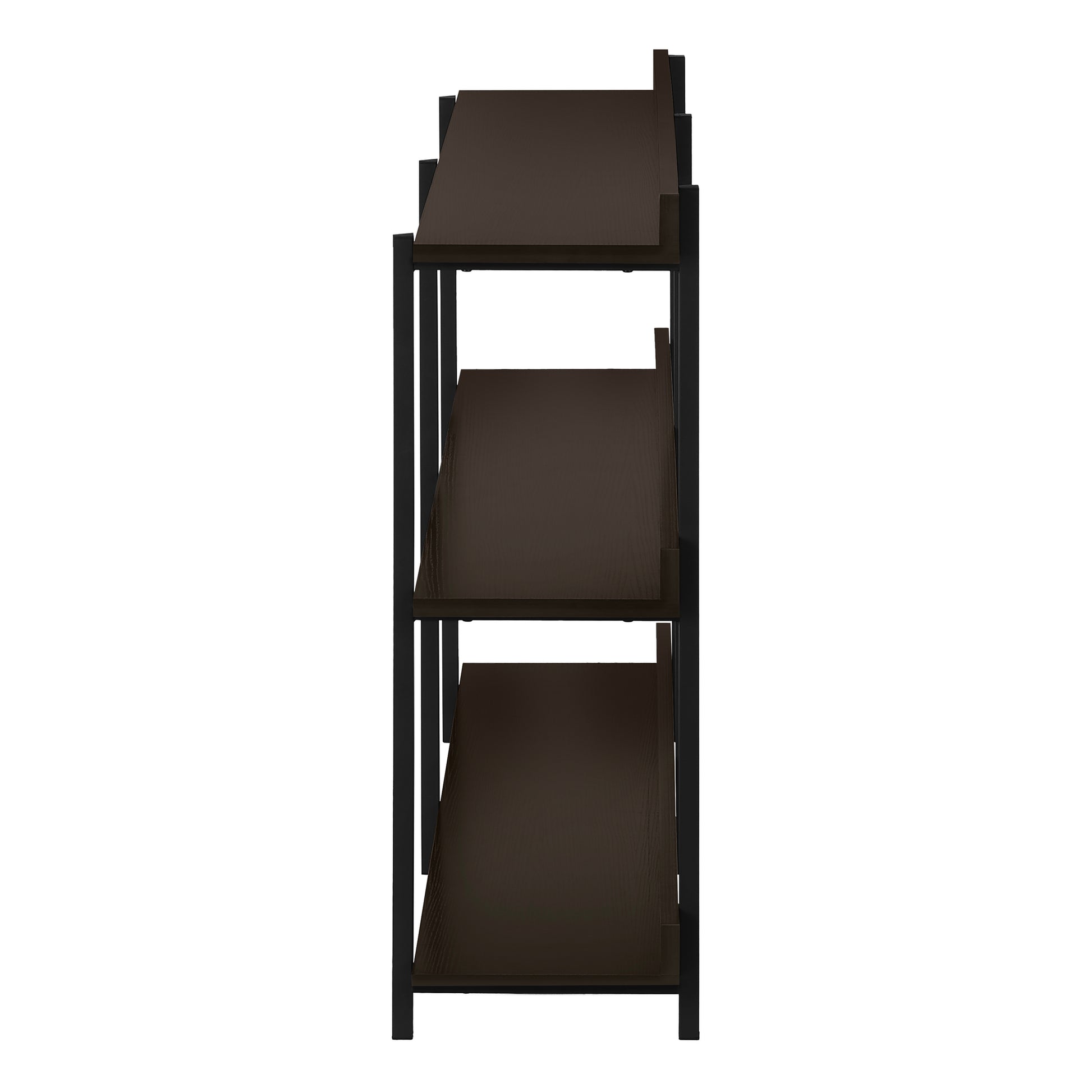 Dark brown threetier industrial bookshelf with black metal frame side view
