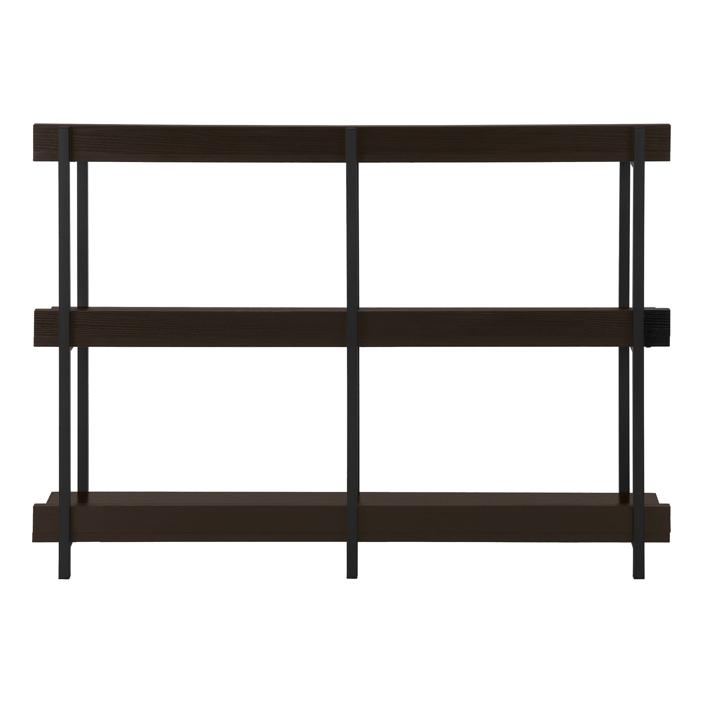 Dark wood bookshelf with black metal frame and three open shelves