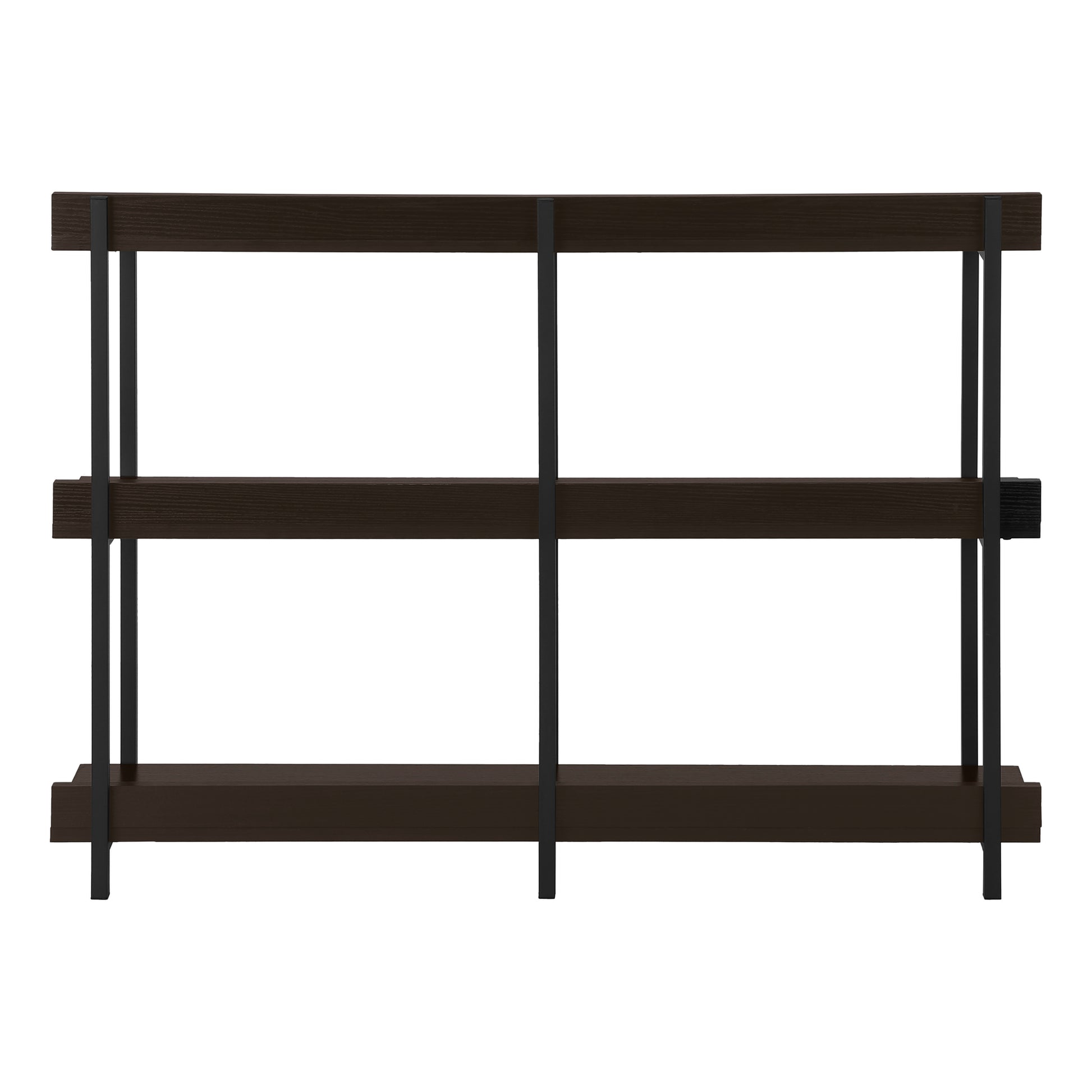 Dark wood bookshelf with black metal frame and three open shelves