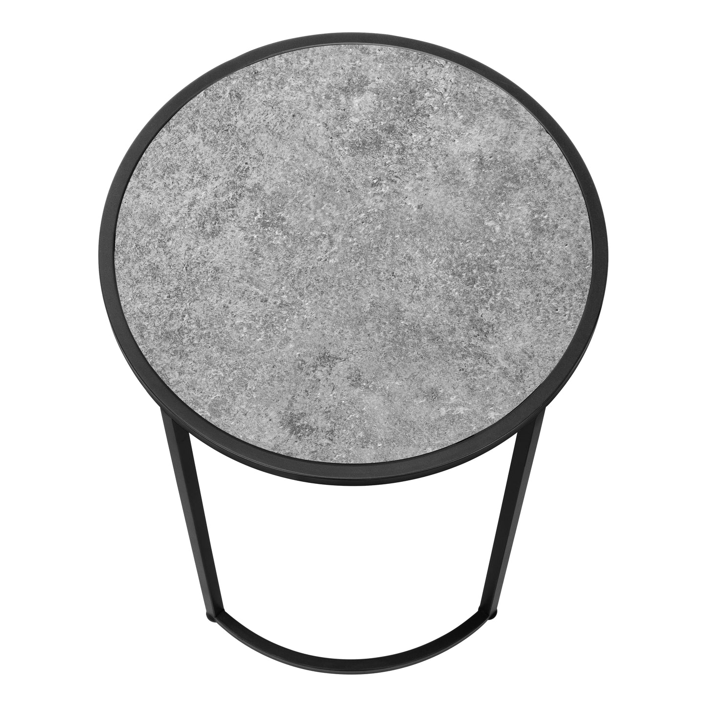 Modern round side table with textured grey concrete top and black metal frame