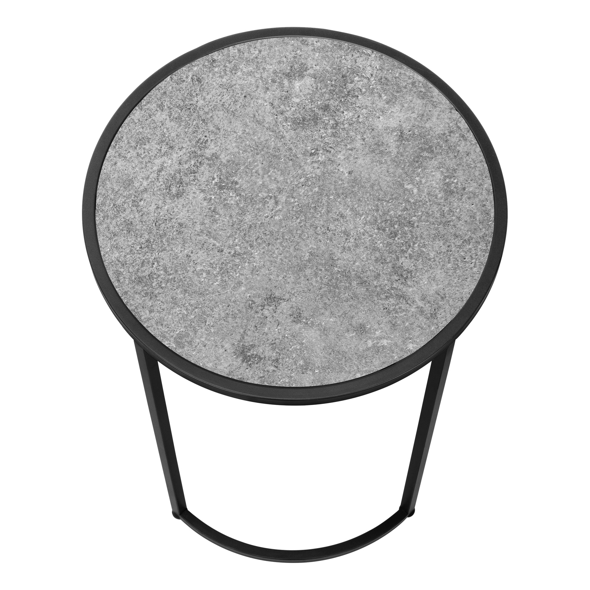 Modern round side table with textured grey concrete top and black metal frame