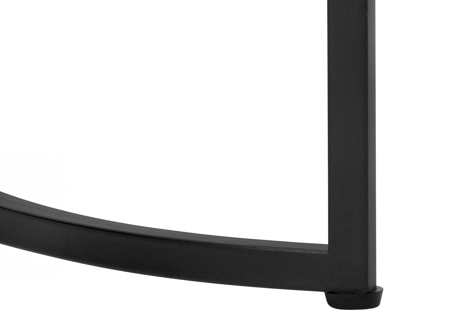 Close up of a black metal table leg with a rubber foot