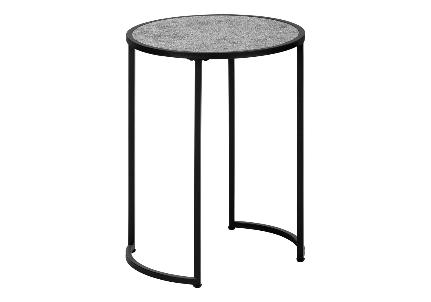 Round grey speckled side table with black metal frame and legs