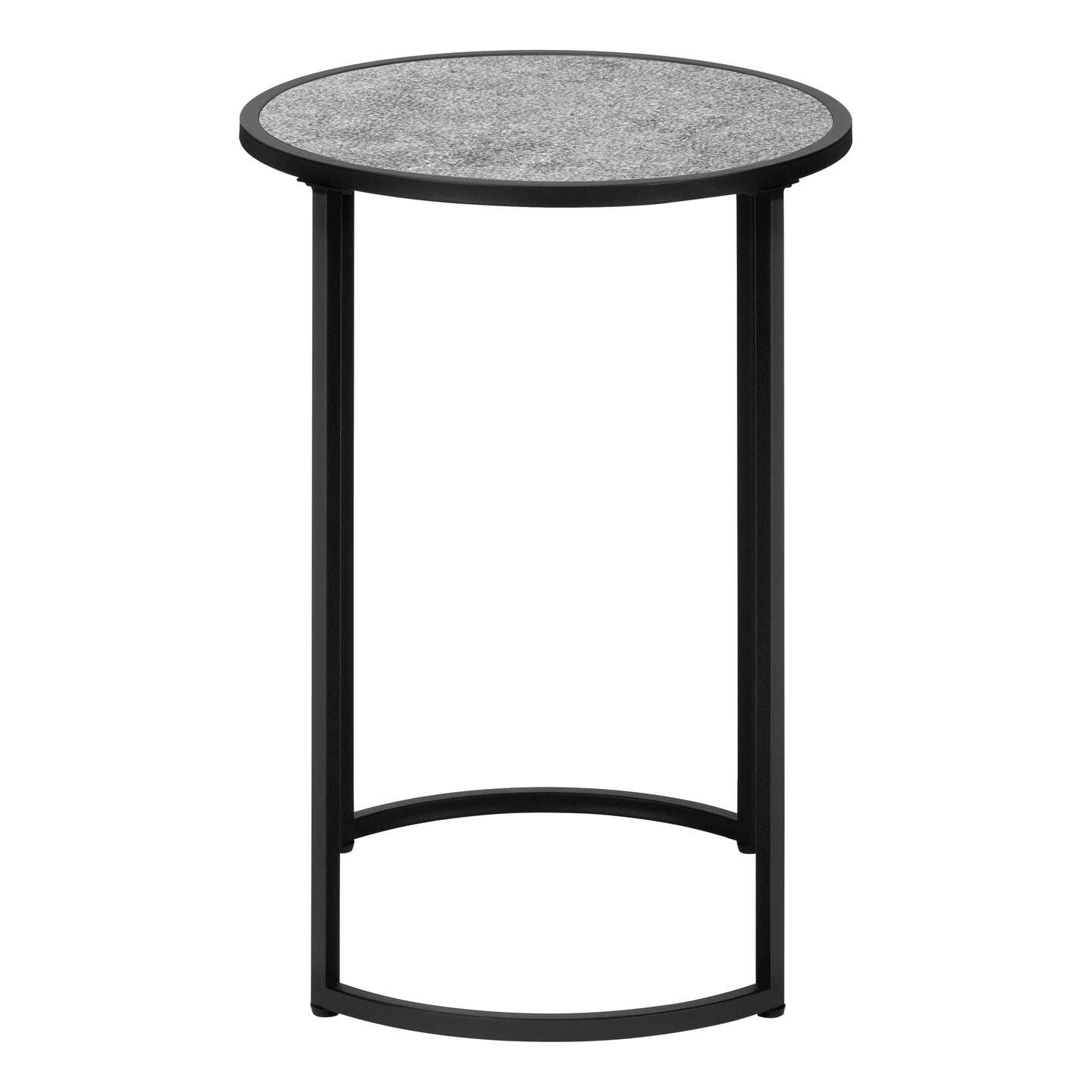 Round grey speckled metal accent table with black metal base