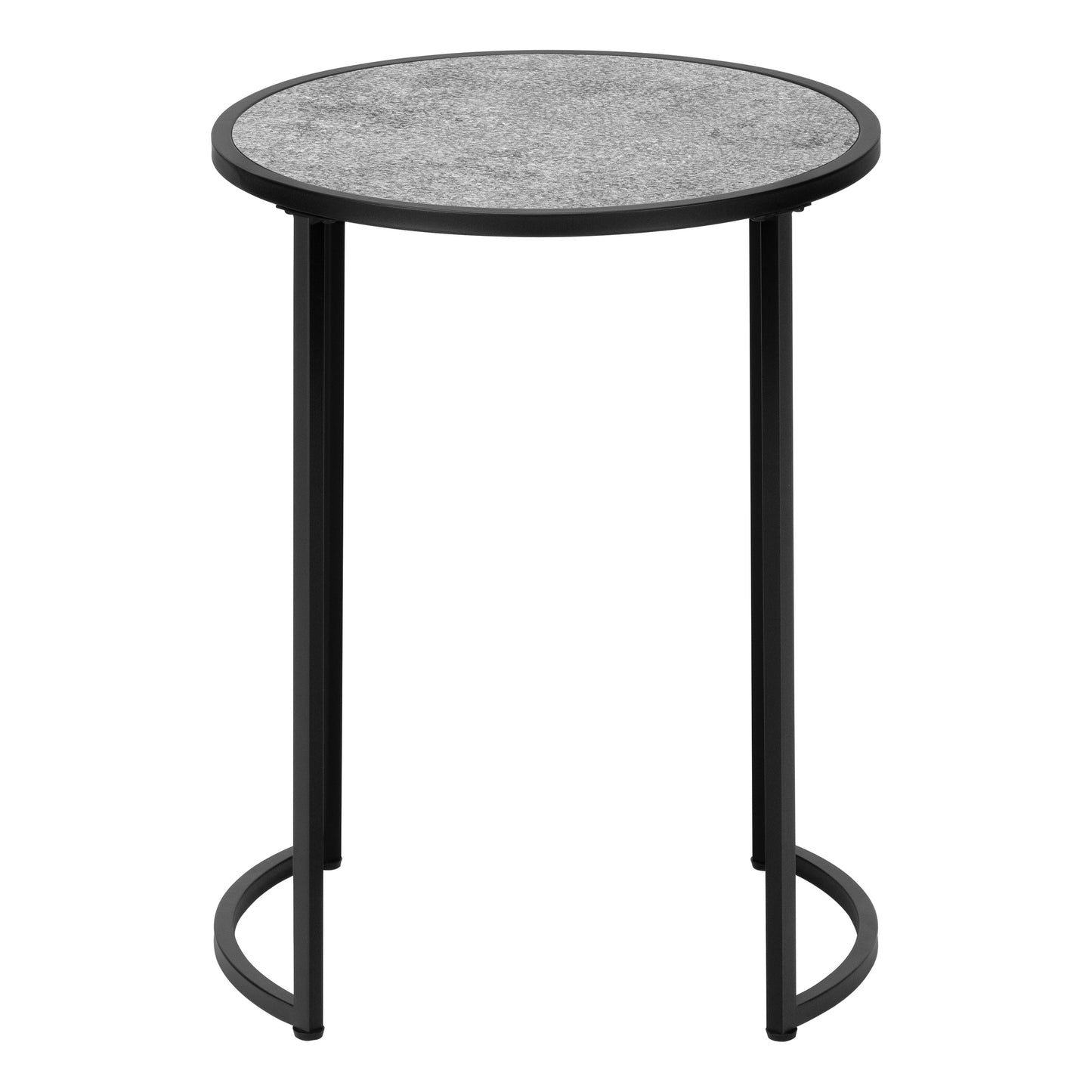 Modern round side table with grey speckled top and black metal legs