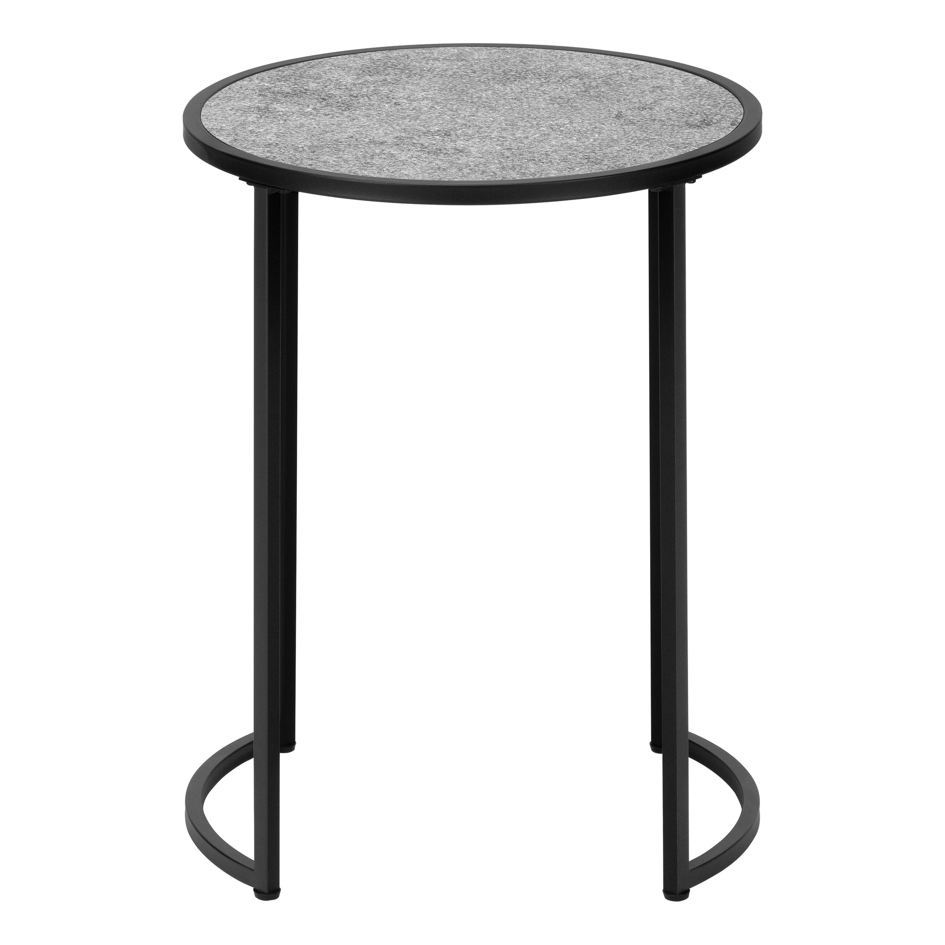 Modern round side table with grey speckled top and black metal legs