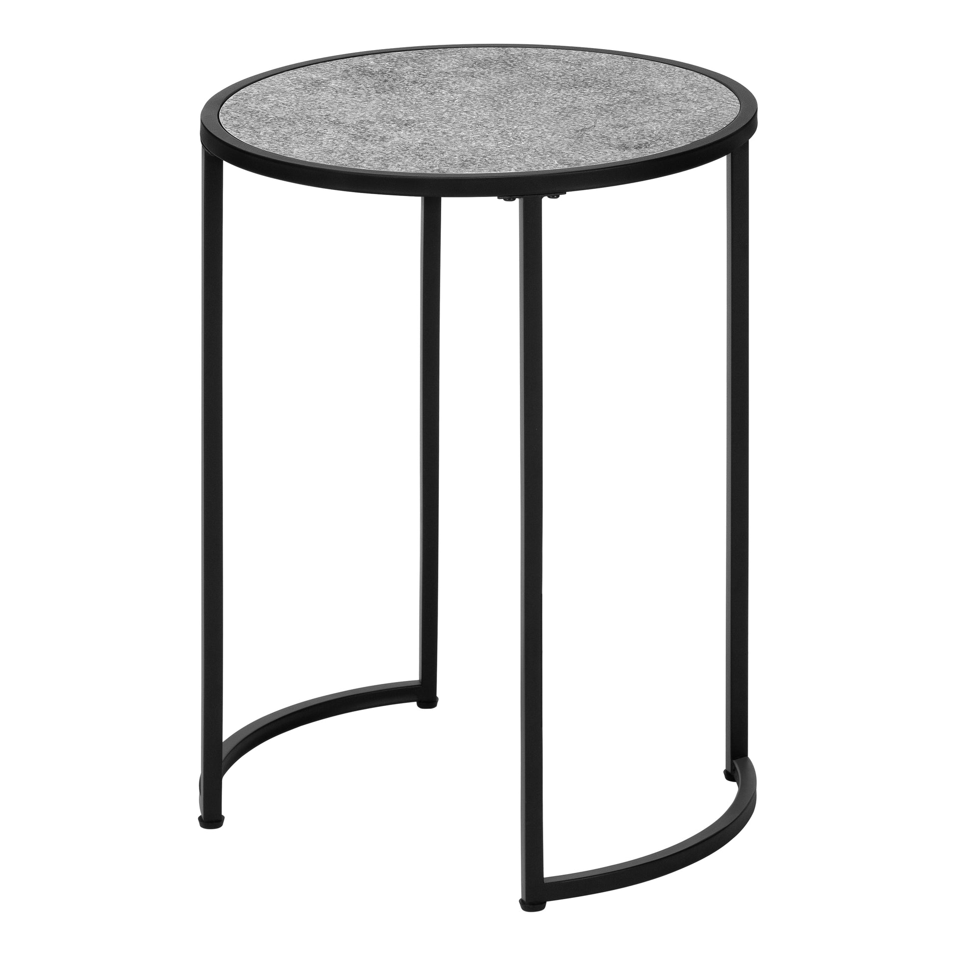 Round grey speckled side table with black metal frame and curved legs