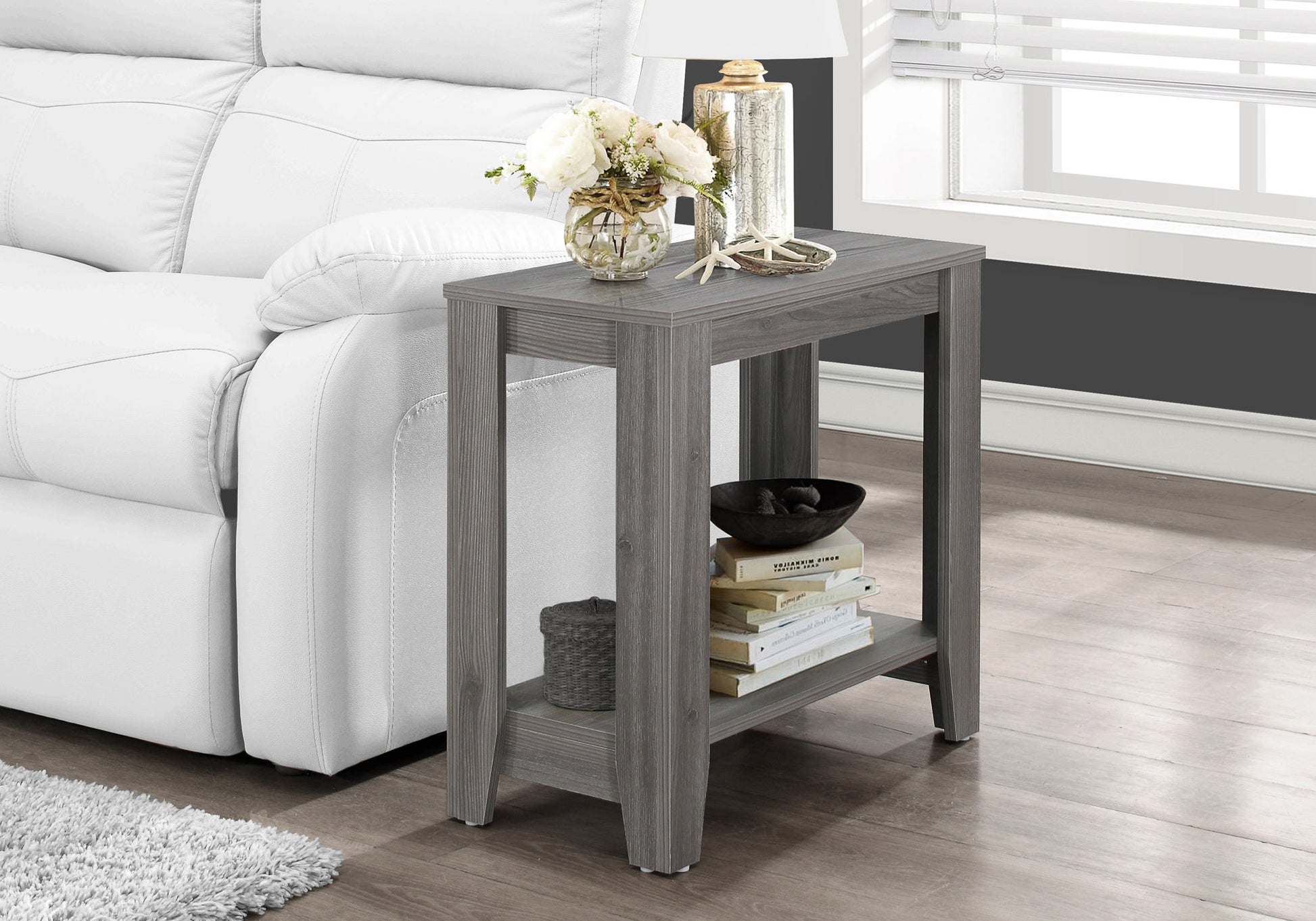 Gray washed wood narrow end table with two shelves perfect for living rooms