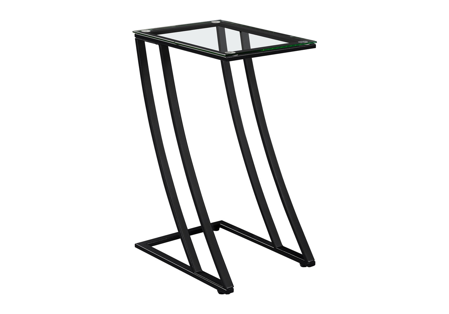 Modern Cshaped side table with black metal frame and clear glass top