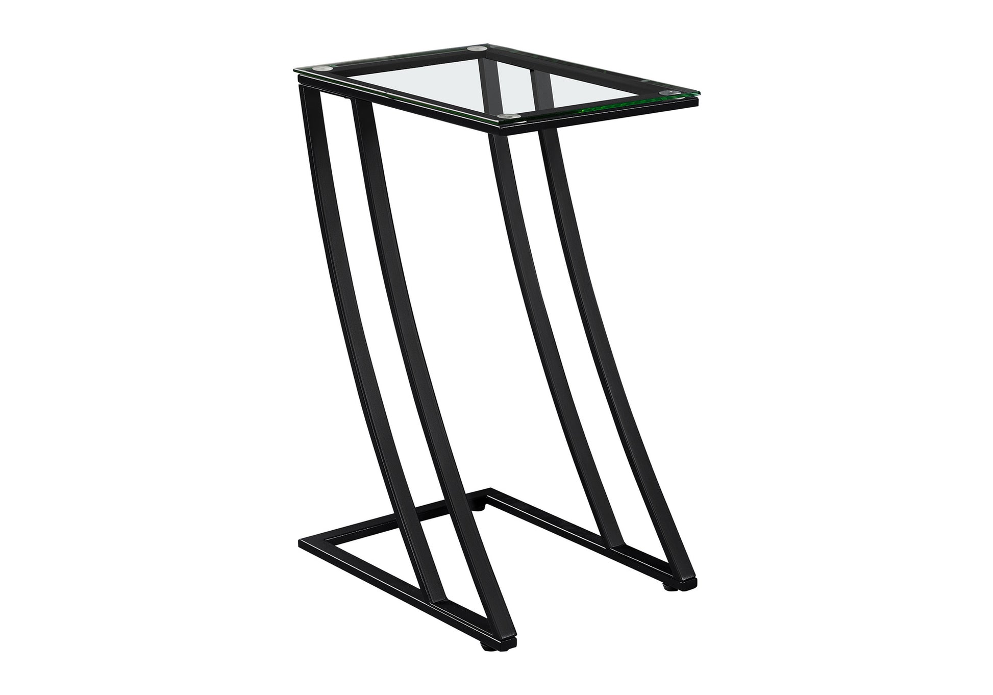 Modern Cshaped side table with black metal frame and clear glass top