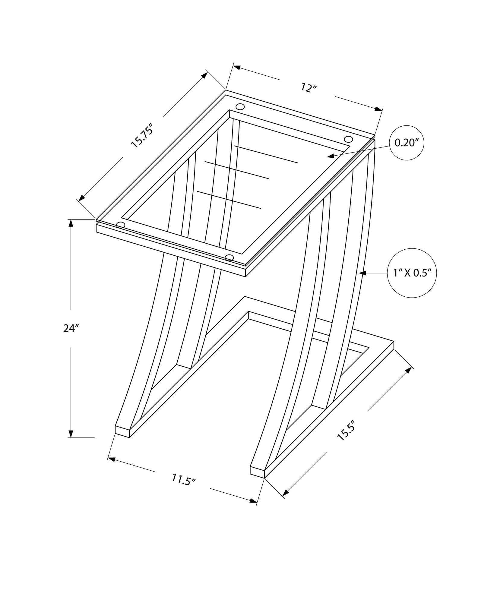 Blueprint of a modern side table with glass top and angled wooden legs dimensions labeled
