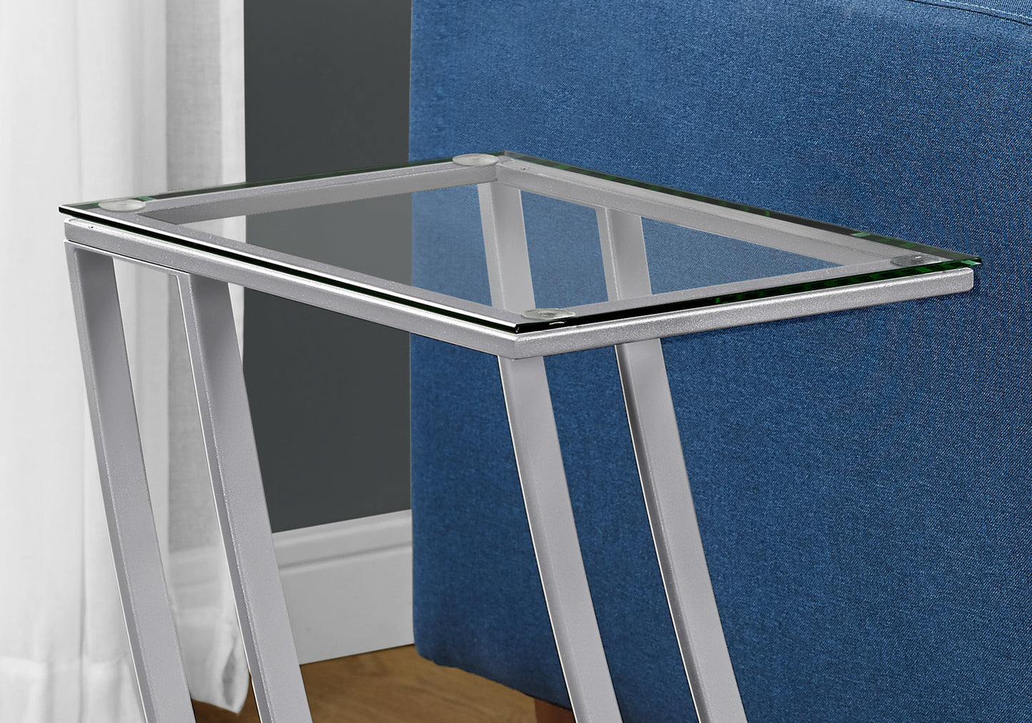 Modern Ctable with clear tempered glass top and silver metal frame