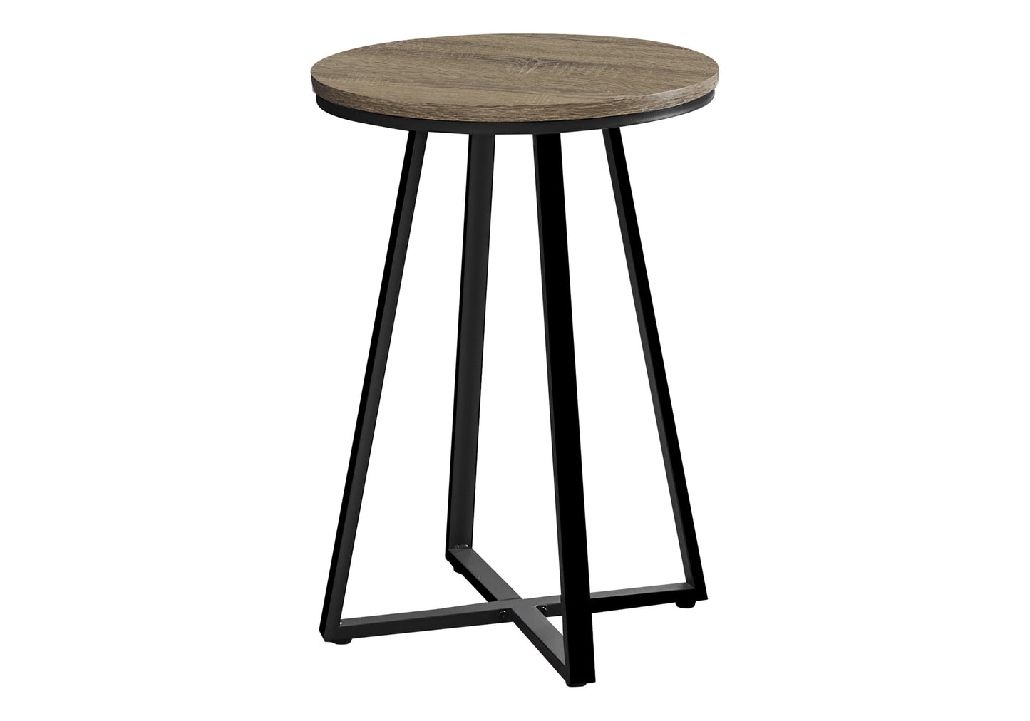 Round wood grain top accent table with black metal legs and cross base