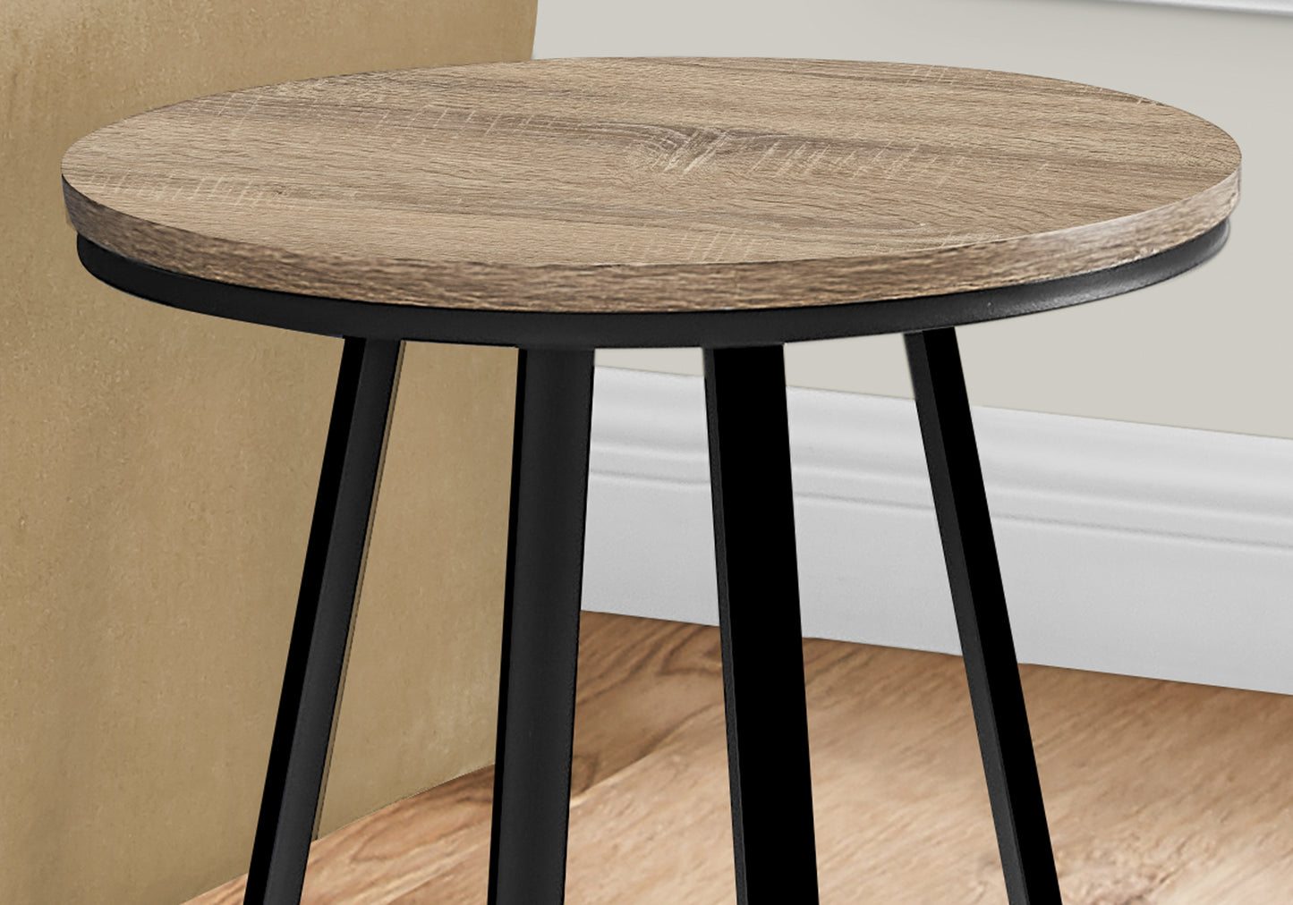 Round oak veneer end table with black metal legs