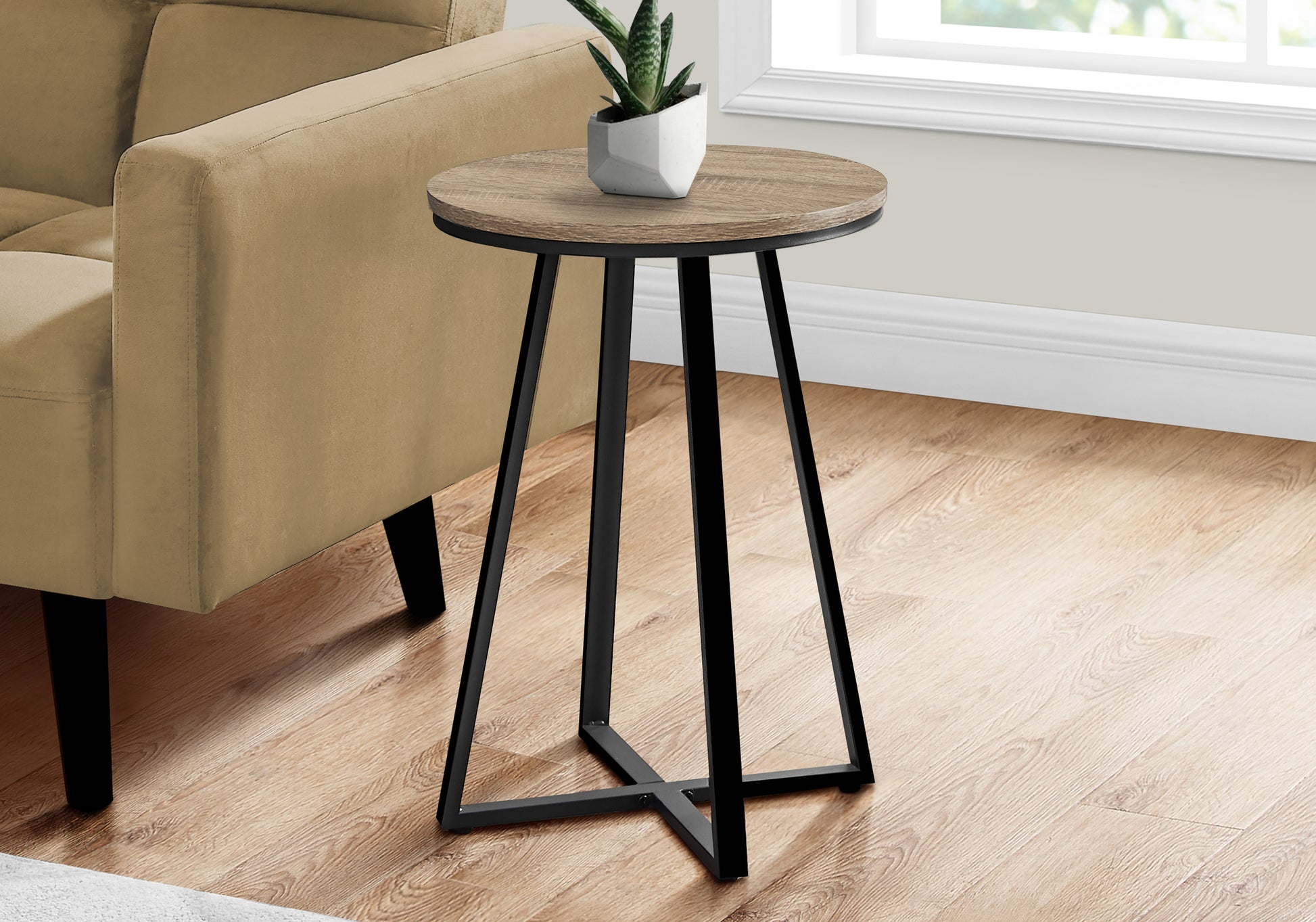 Round natural wood finish side table with black metal base perfect for living rooms