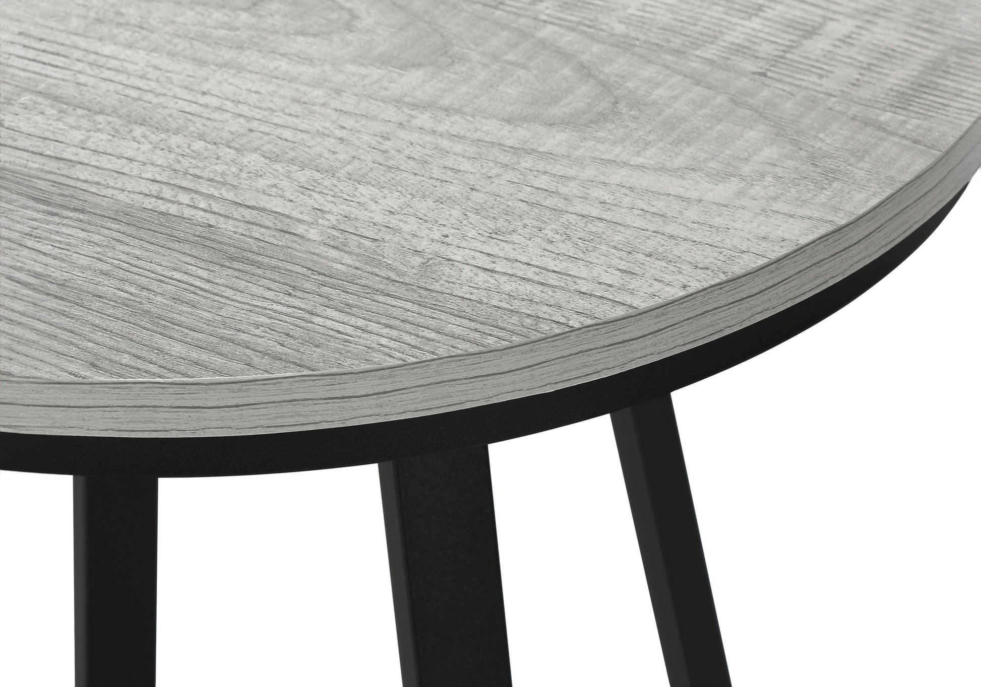 Round grey wood top accent table with black metal legs