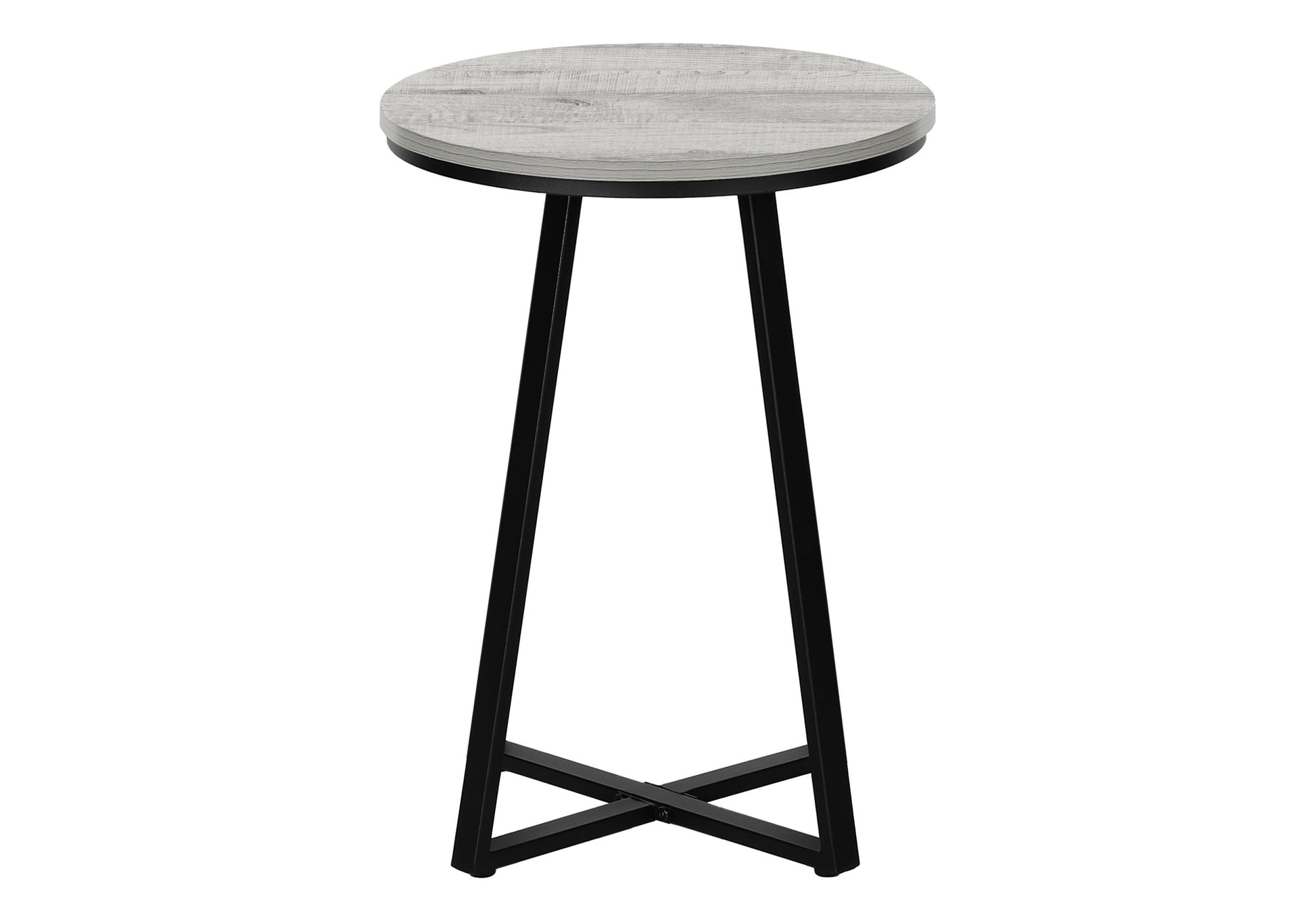 Round side table with distressed wood top and black metal legs
