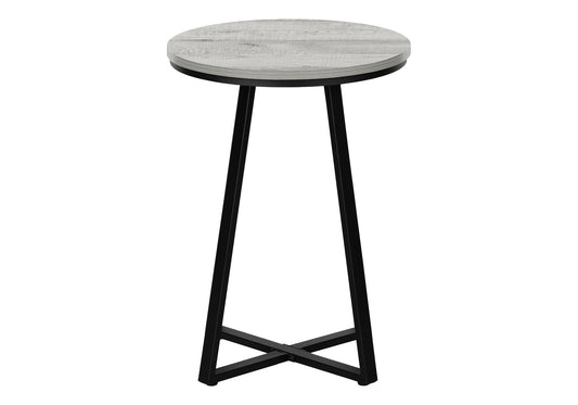 Round side table with distressed wood top and black metal legs