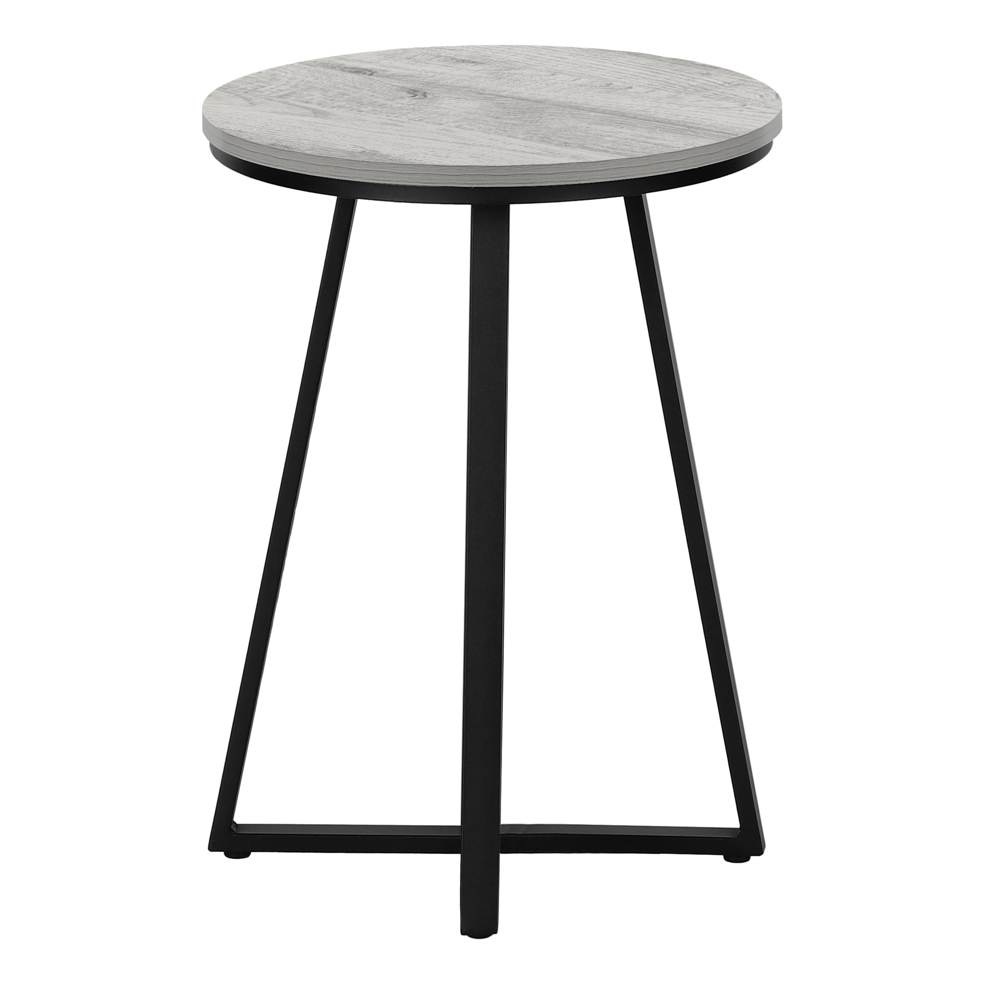 Round gray woodlook side table with black metal legs perfect for modern living rooms