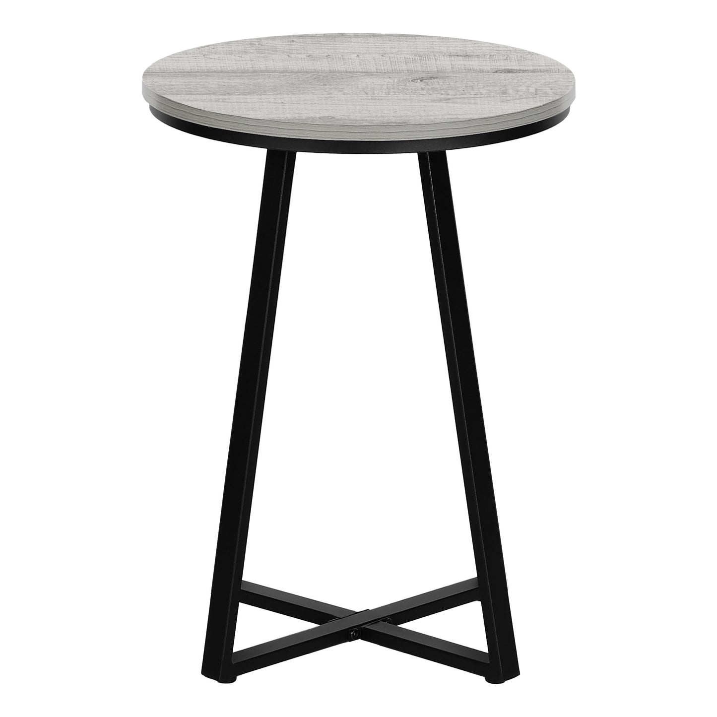Round weathered oak side table with black metal legs and crisscross base