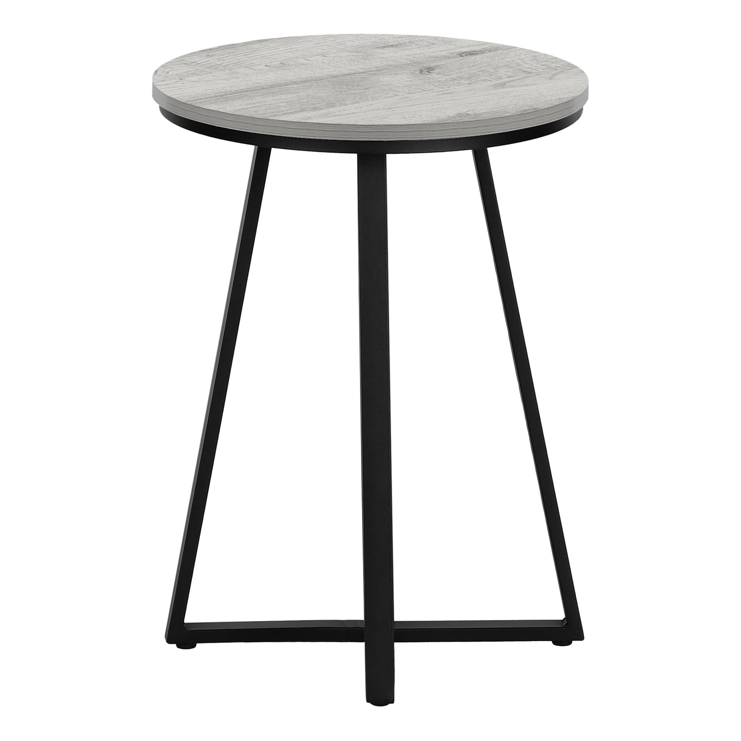 Round side table with light woodgrain top and black metal legs perfect for small spaces