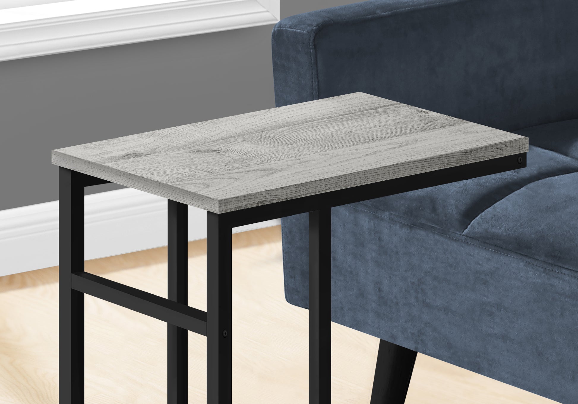 Gray wash woodgrain Ctable with black metal frame perfect for small spaces
