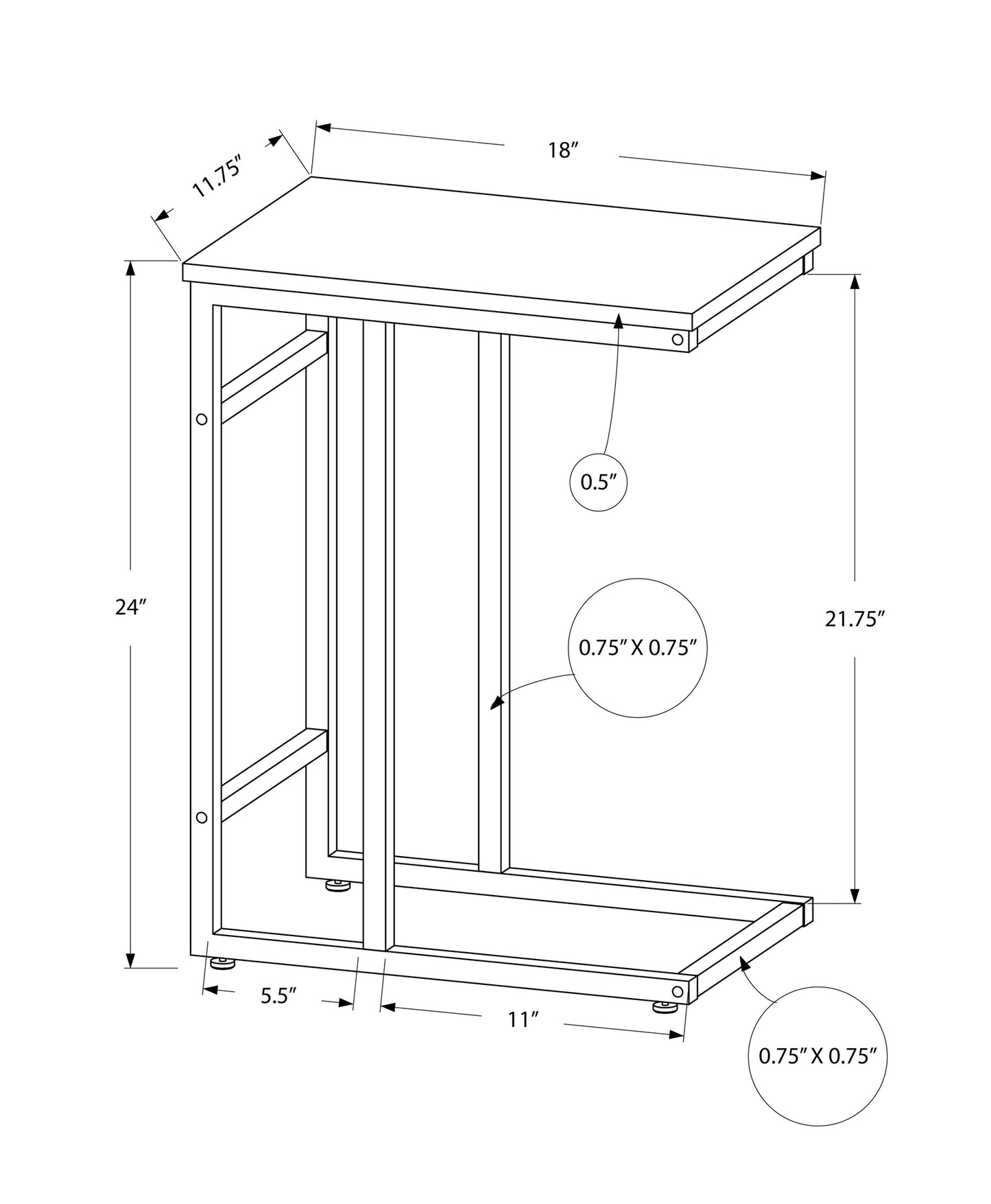 Diagram showing a metal ctable  inches wide with dimensions noted for assembly