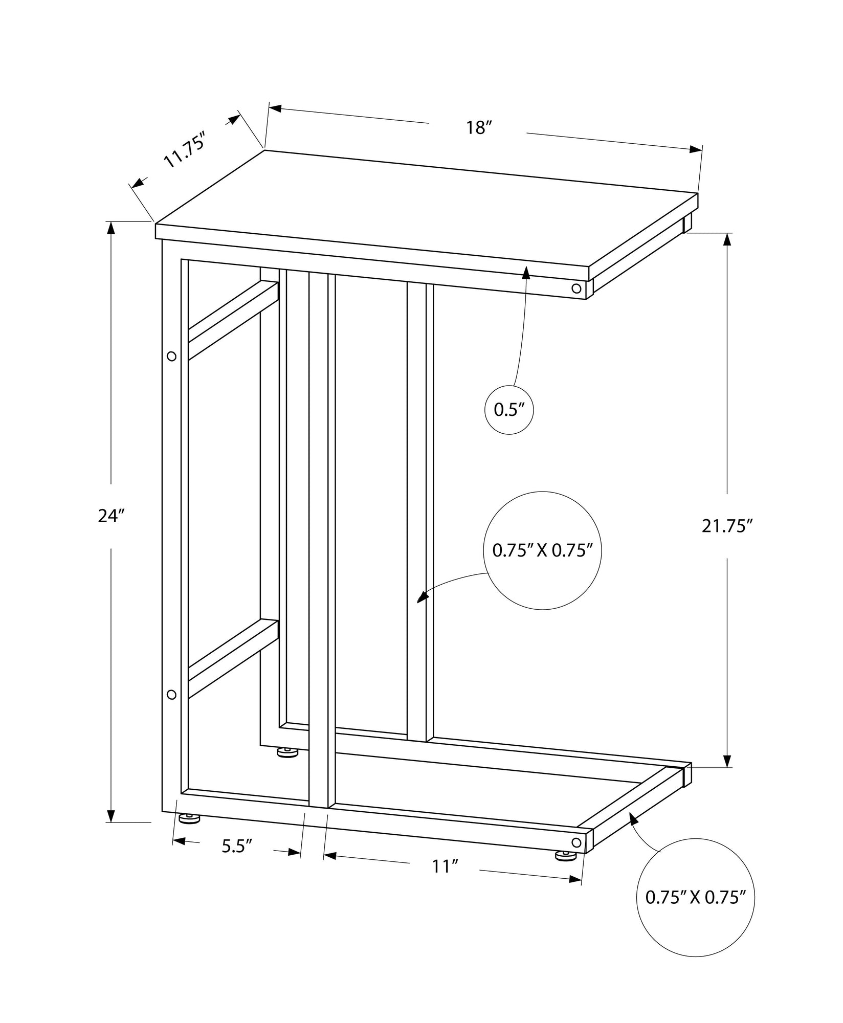 Diagram showing a metal ctable  inches wide with dimensions noted for assembly