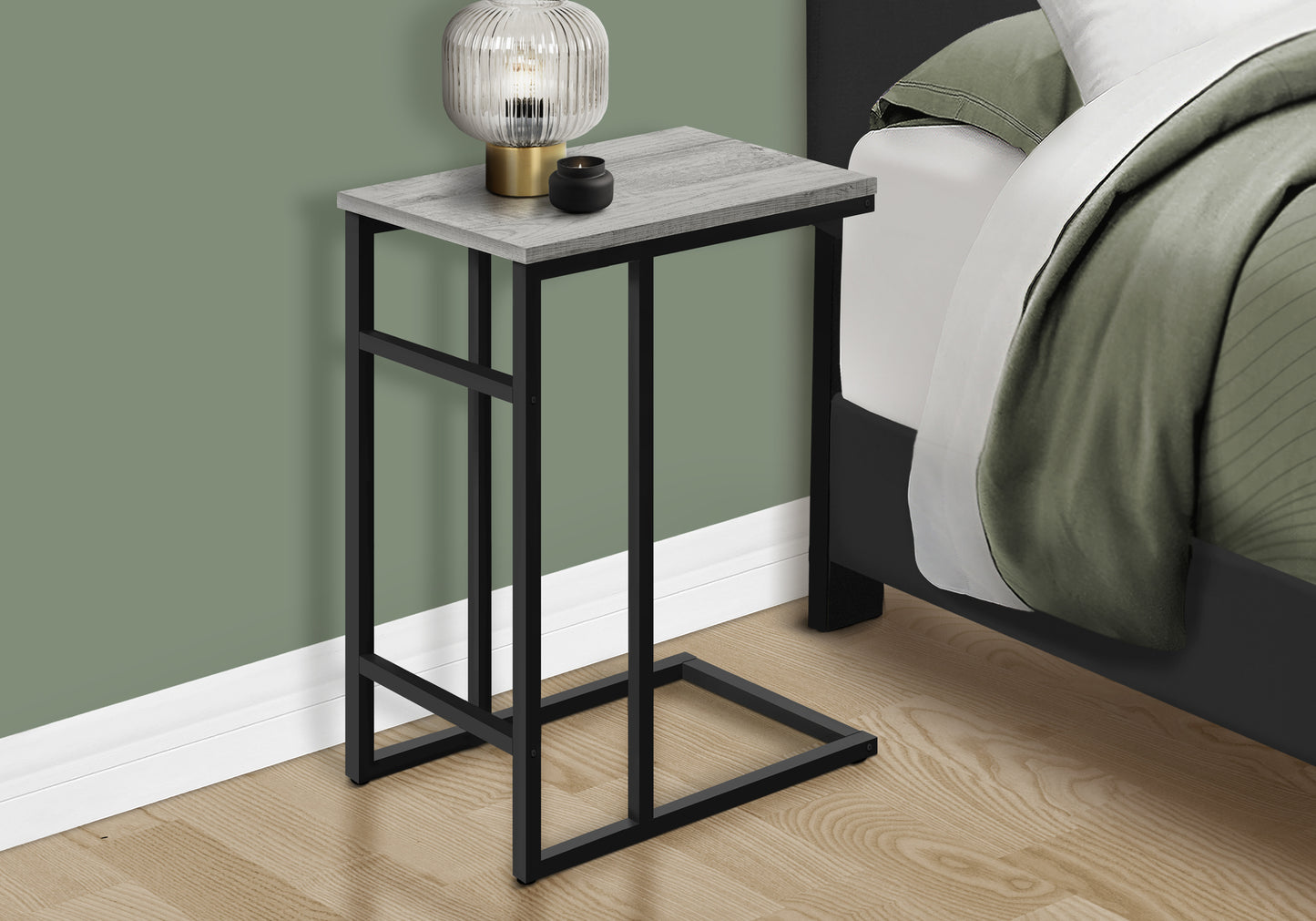 Modern grey wood grain ctable with black metal frame perfect for bedside use