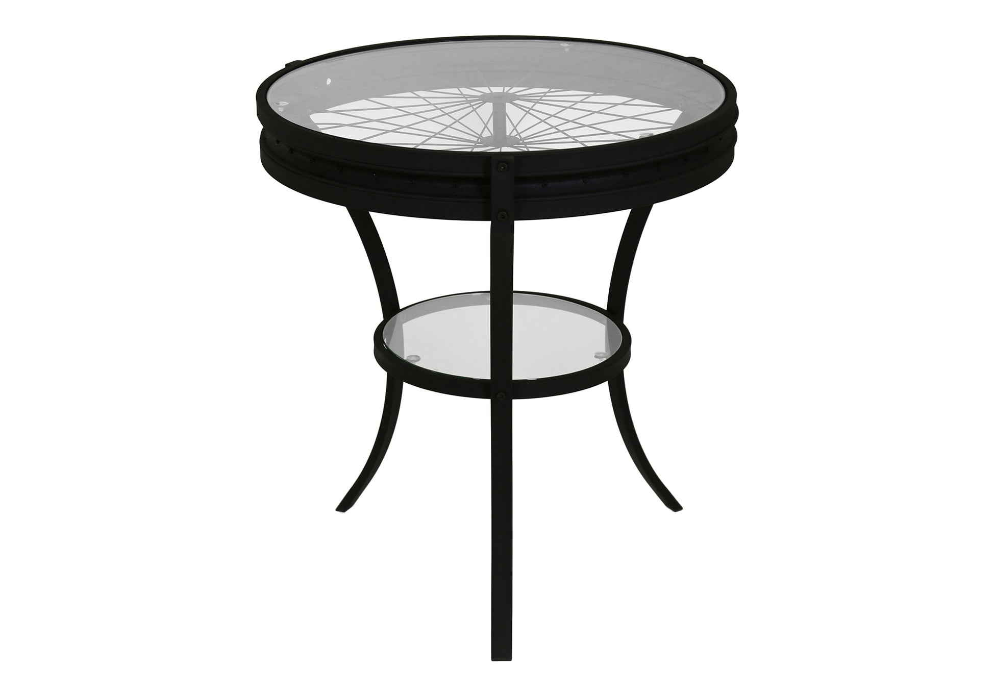 Black metal end table with clear glass top featuring bicycle wheel design