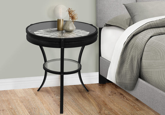 Black metal end table with glass top and shelf industrial design