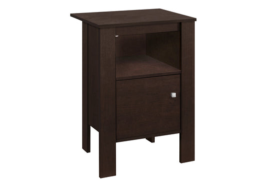 Dark brown wooden nightstand with open shelf and cabinet