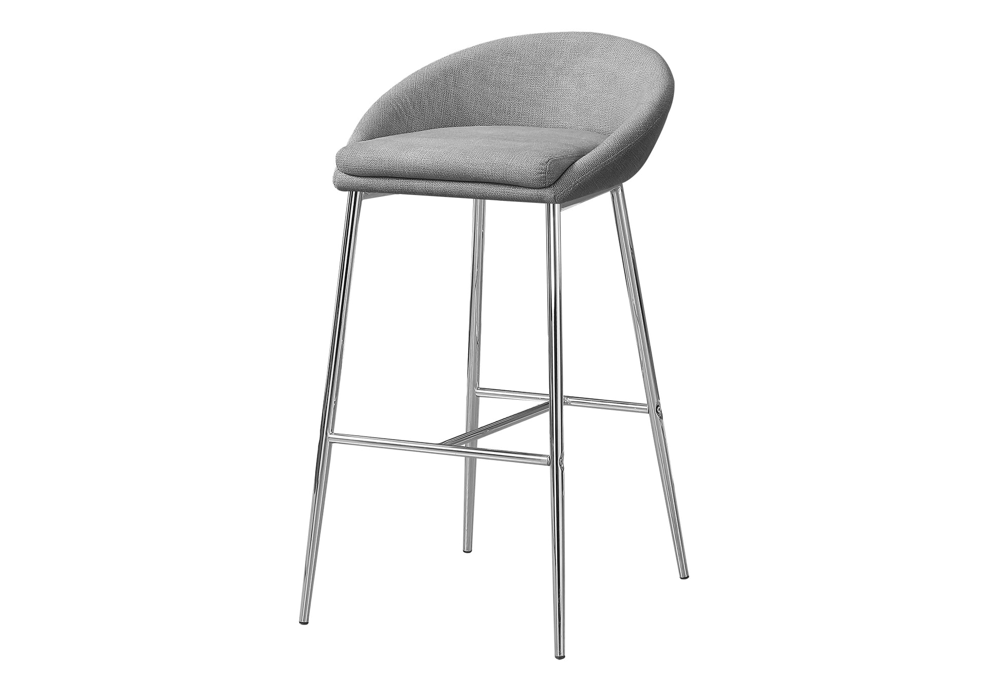Modern gray fabric bar stool with polished chrome legs for contemporary kitchens
