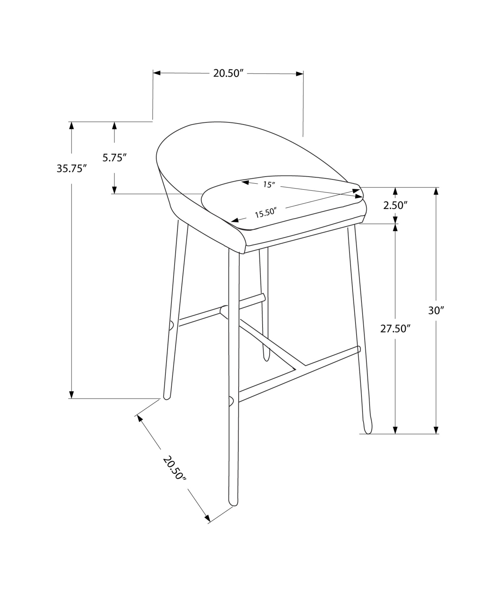 Line drawing of a modern counter stool with curved seat and wooden legs showing dimensions  wide