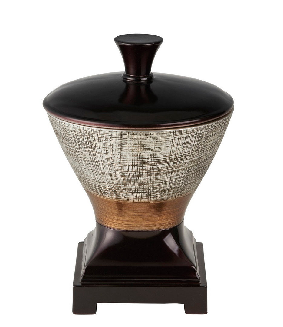 Dark brown lidded ceramic jar with textured beige body and gold band