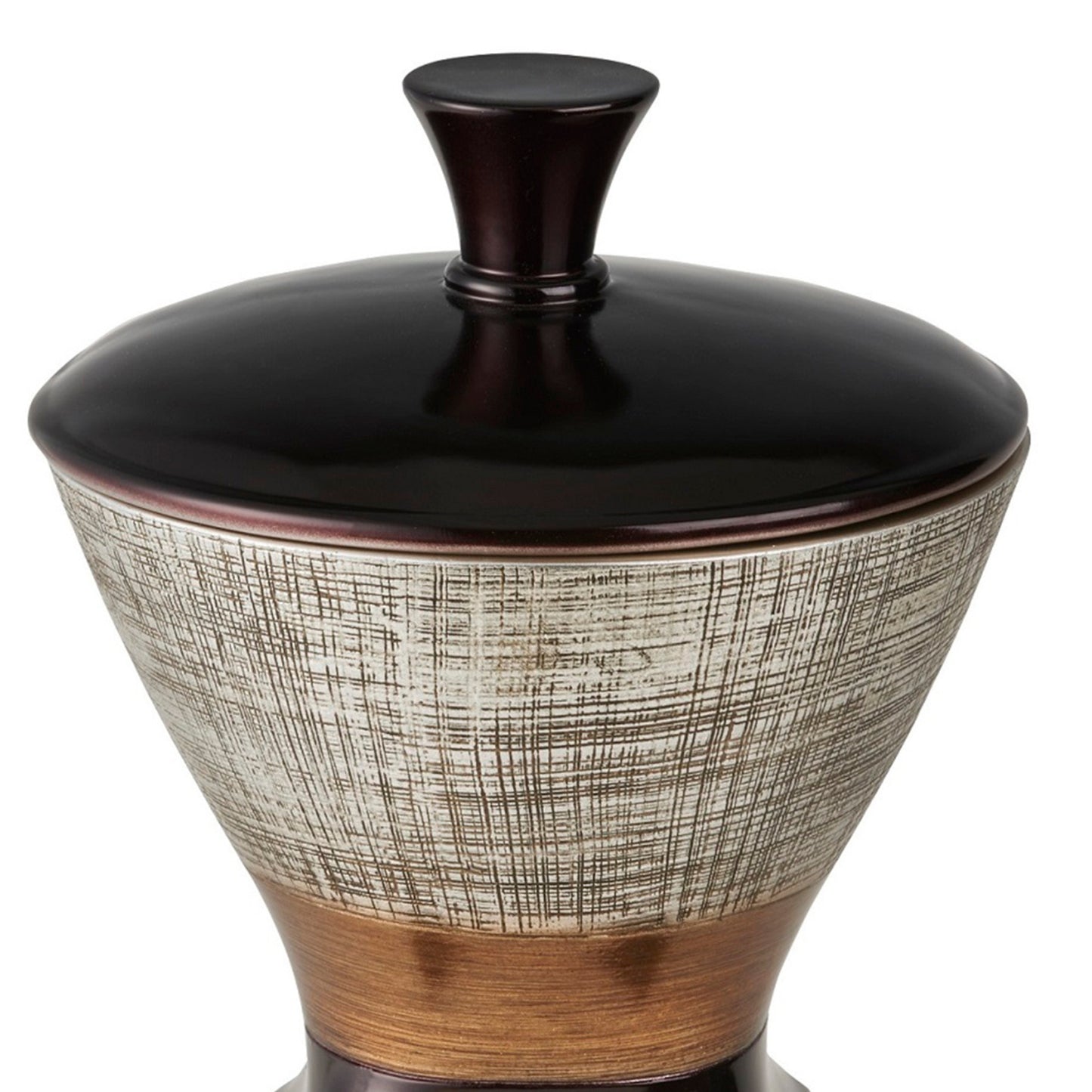 Elegant ceramic canister with textured ivory body and dark brown lid