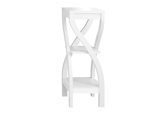 White wooden plant stand with two shelves and curved legs