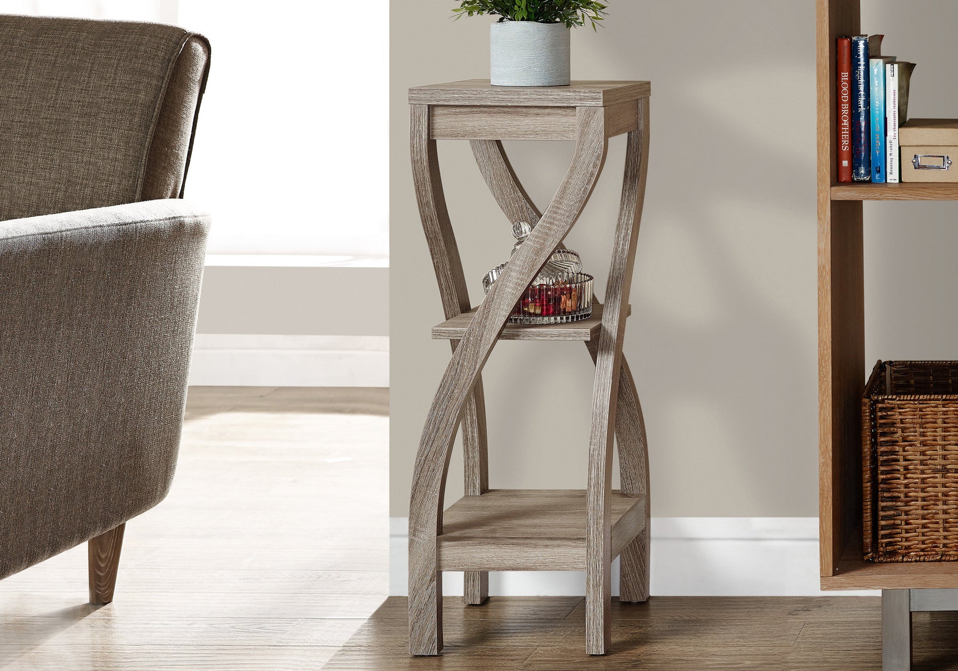 Distressed wood accent table with unique twisted legs and decorative basket on lower shelf