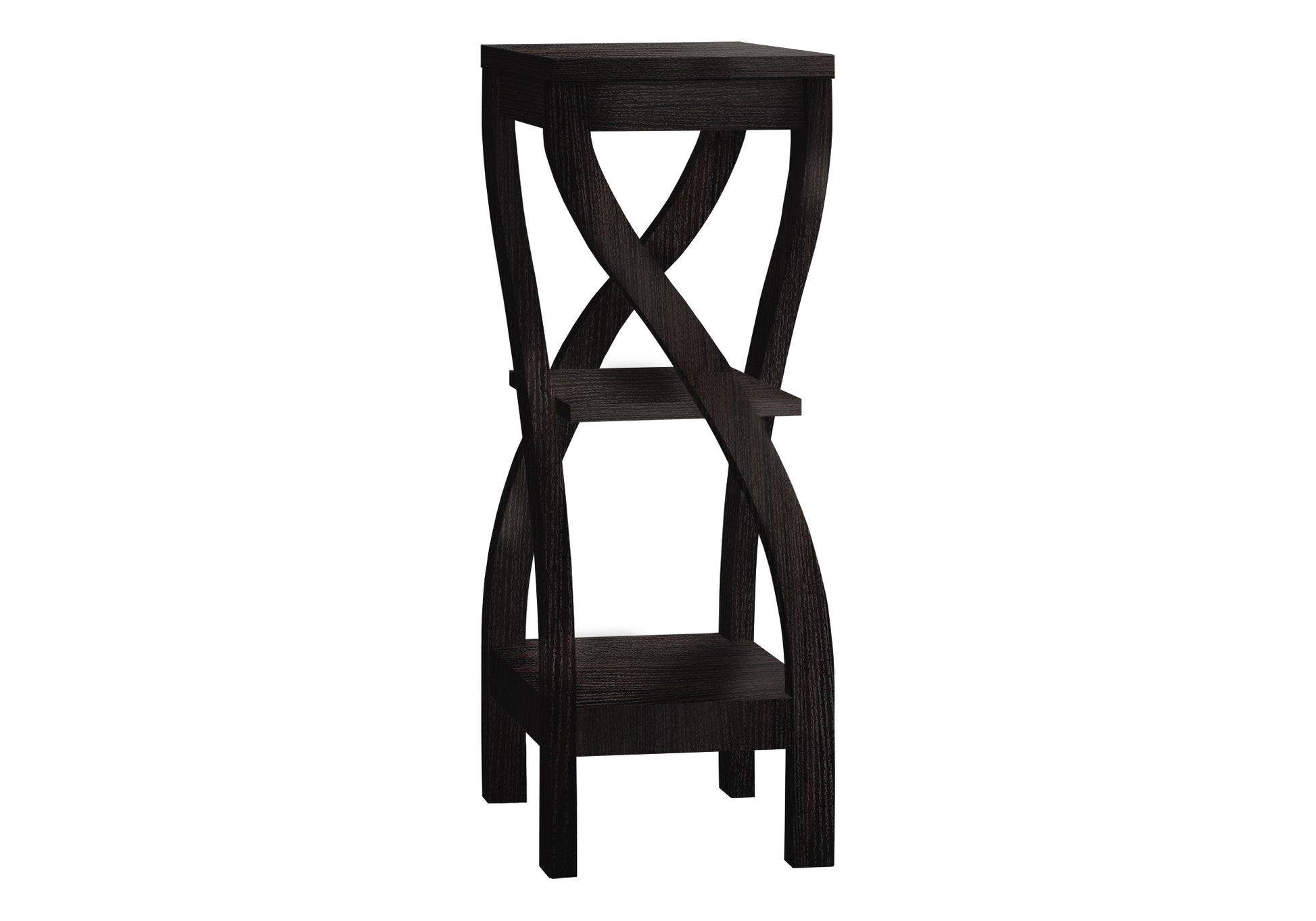 Dark wood plant stand with curved legs and two shelves