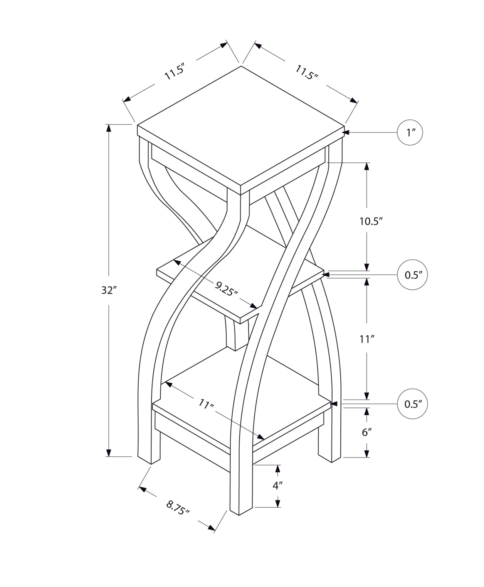 Line drawing of a modern end table with two shelves  inches tall