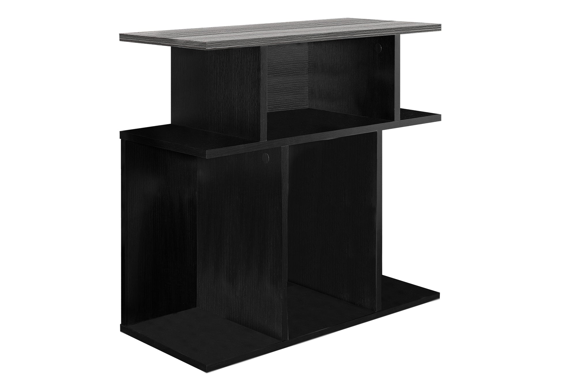 Modern black tiered bookshelf with grey wood top for stylish storage
