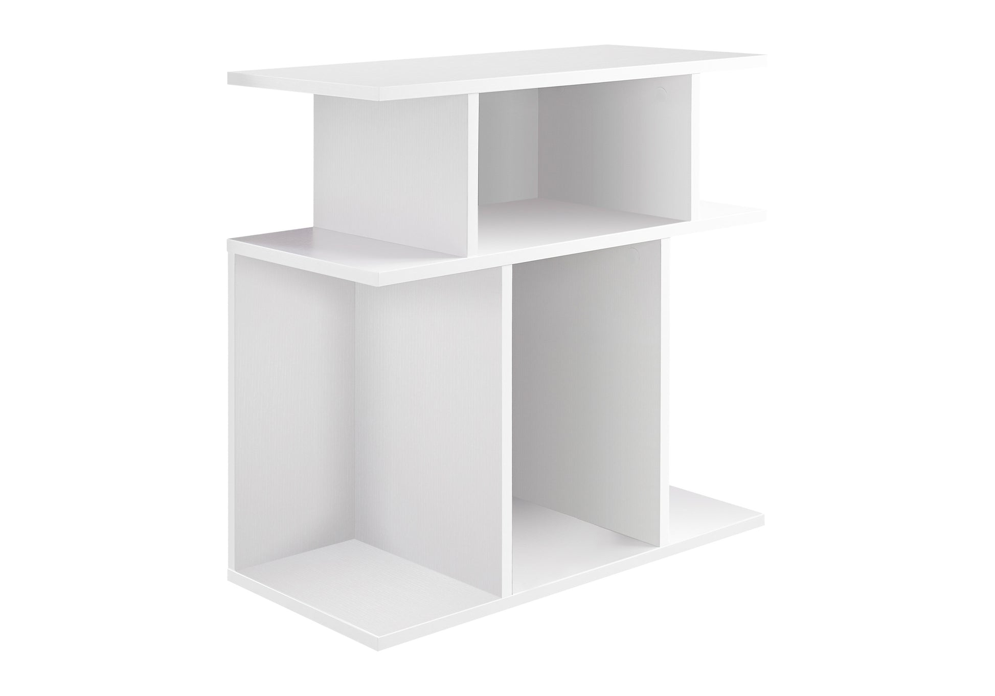 Modern white wooden shelf unit with open compartments for storage