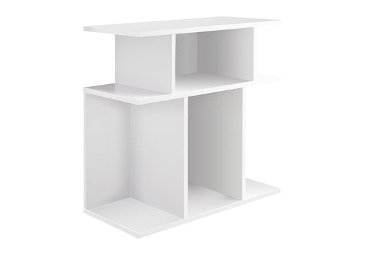 Modern white wooden shelf unit with open compartments for storage
