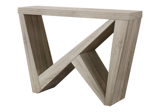 Modern grey wood console table with geometric crossed legs and a minimalist design