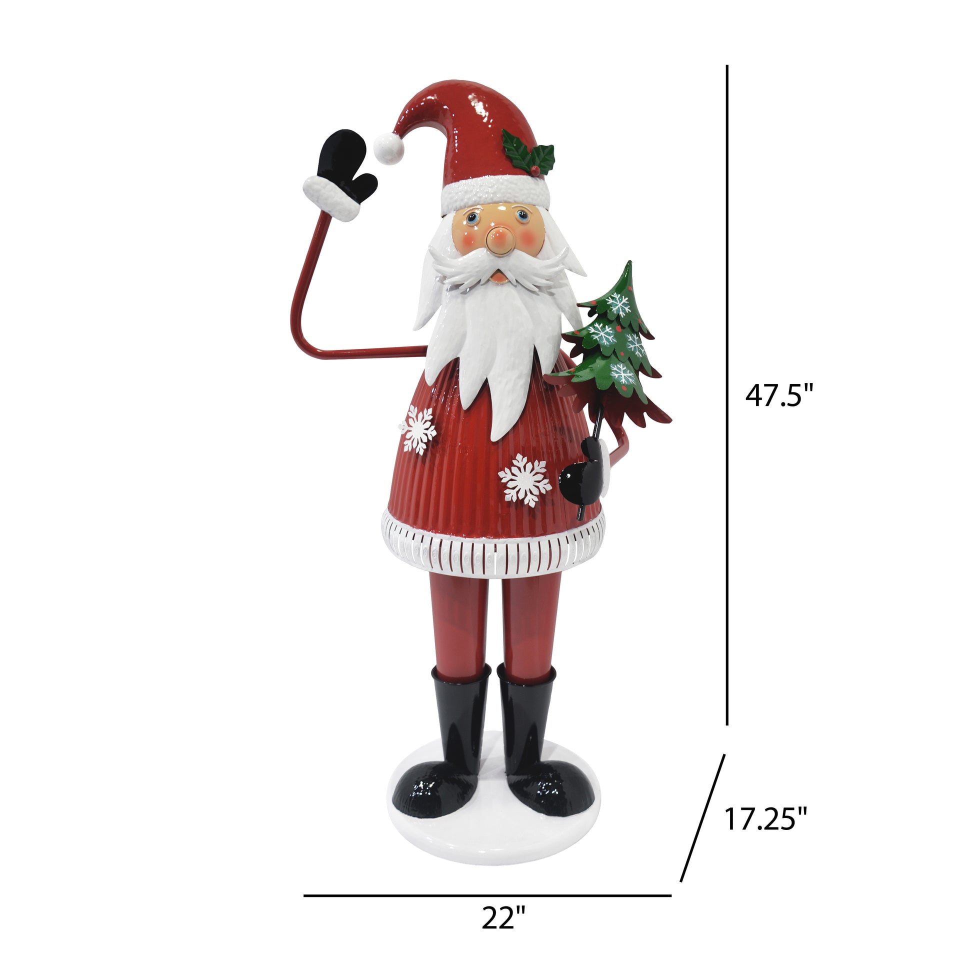 Tall metal Santa figure with red suit white beard and Christmas tree