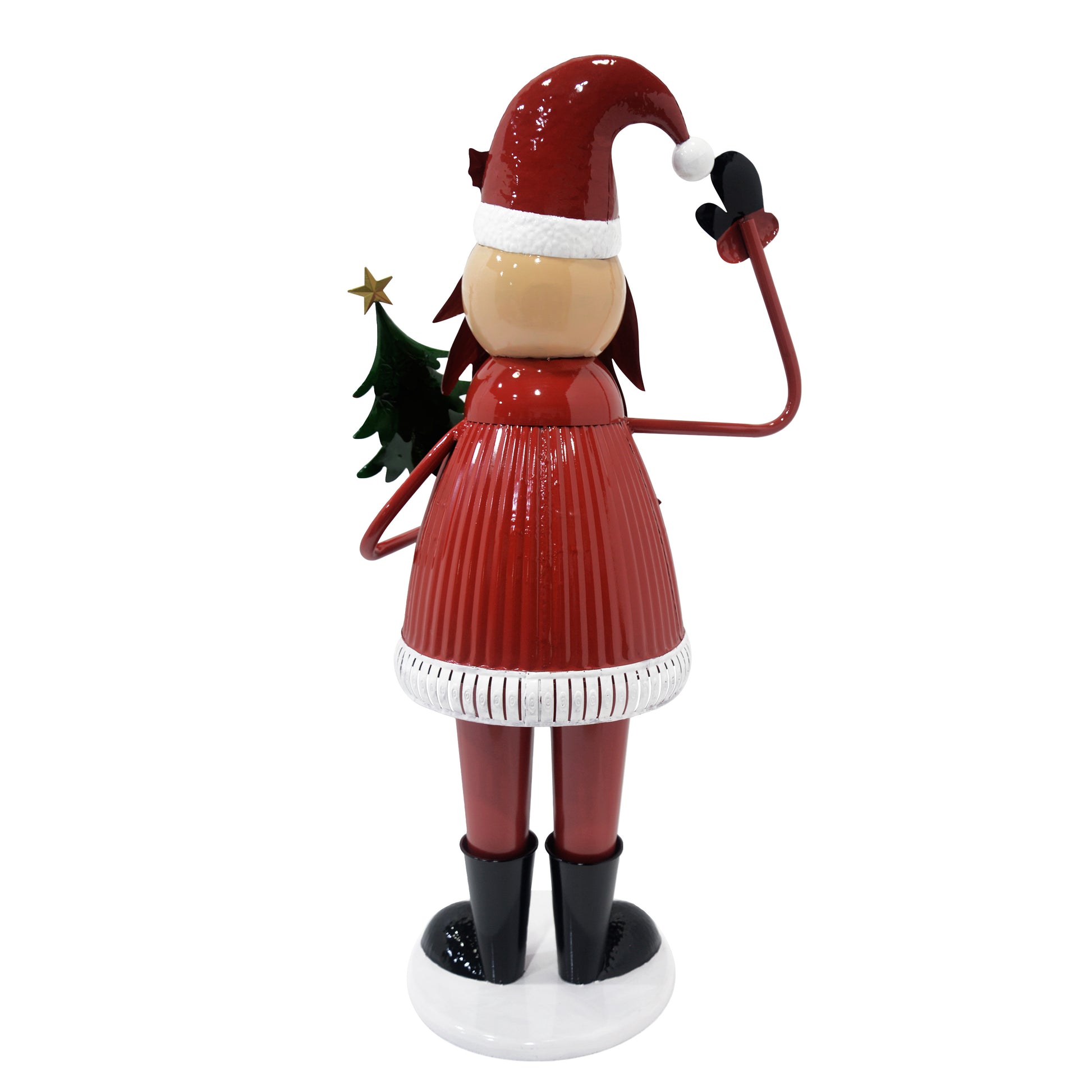 Red metal Santa figure with a Christmas tree wearing a hat and holding a mitten