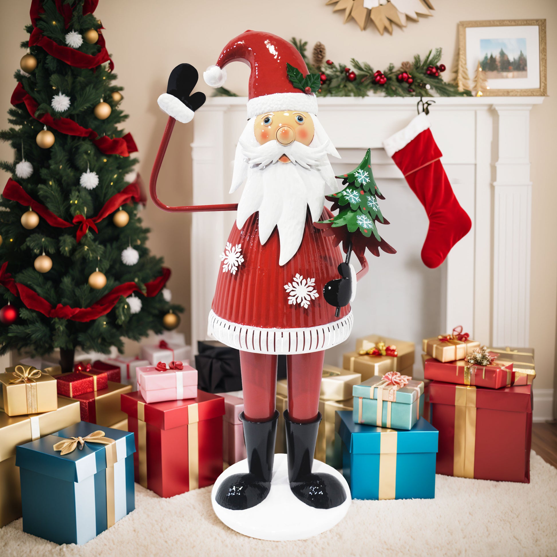 Vintage tin Santa Claus decoration with red coat holding a mini Christmas tree perfect holiday decor
