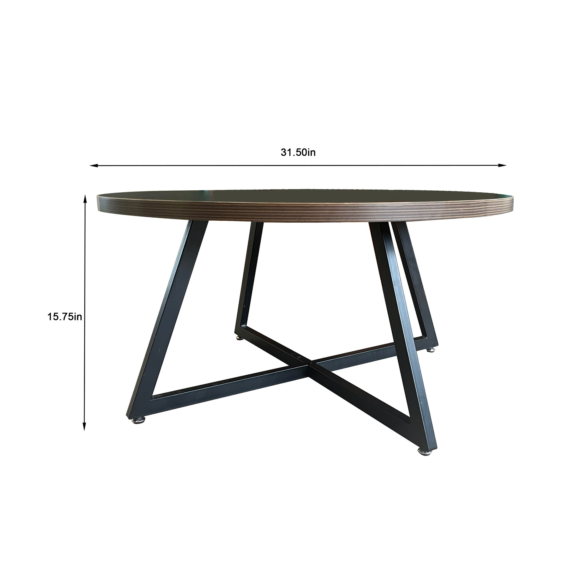 Round modern coffee table with dark wood veneer top and black metal cross legs